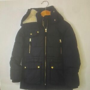 Black Hooded Puffer Jacket with Gold Accents